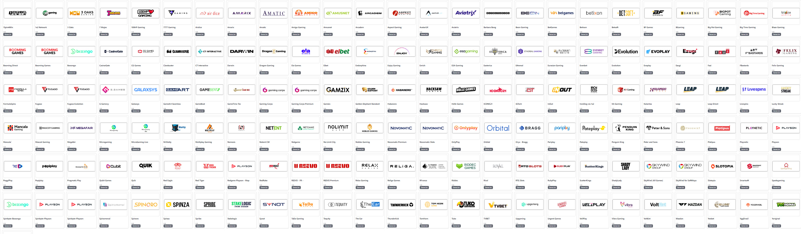 Catalog view showing a broad network of integrated iGaming providers
